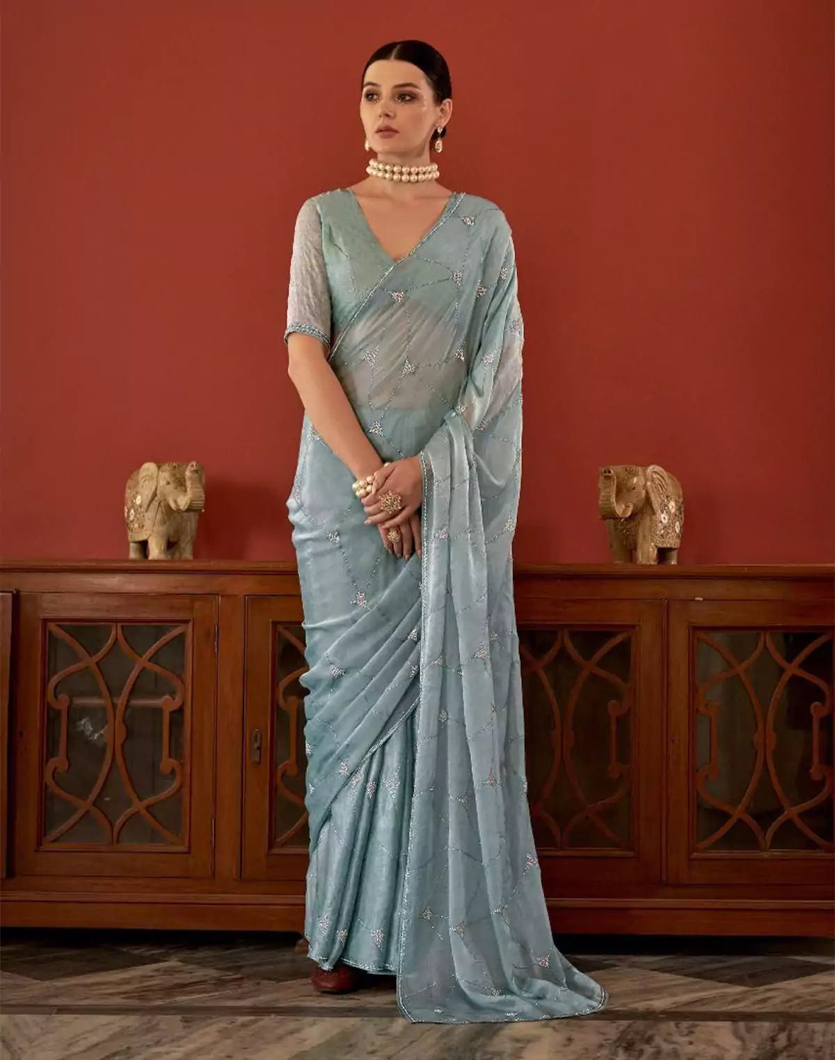 Image of Floral Sequence Work Georgette Saree in Grey - South India Shopping Mall