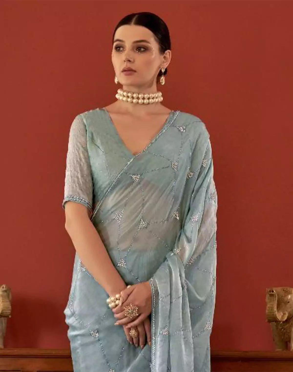 Floral Sequence Work Georgette Saree in Grey - South India Shopping Mall