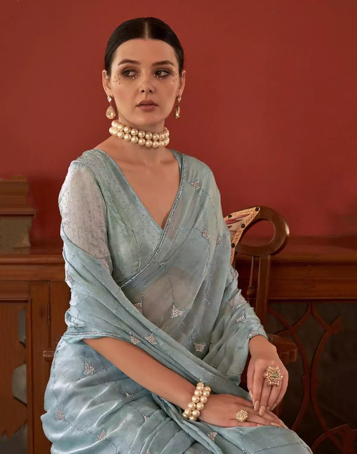 Image of Floral Sequence Work Georgette Saree in Grey - South India Shopping Mall