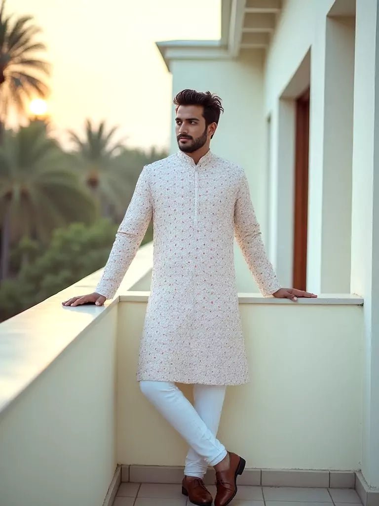 Image of Floral Thread Embroidered Georgette Kurta Set in Cream - South India Shopping Mall