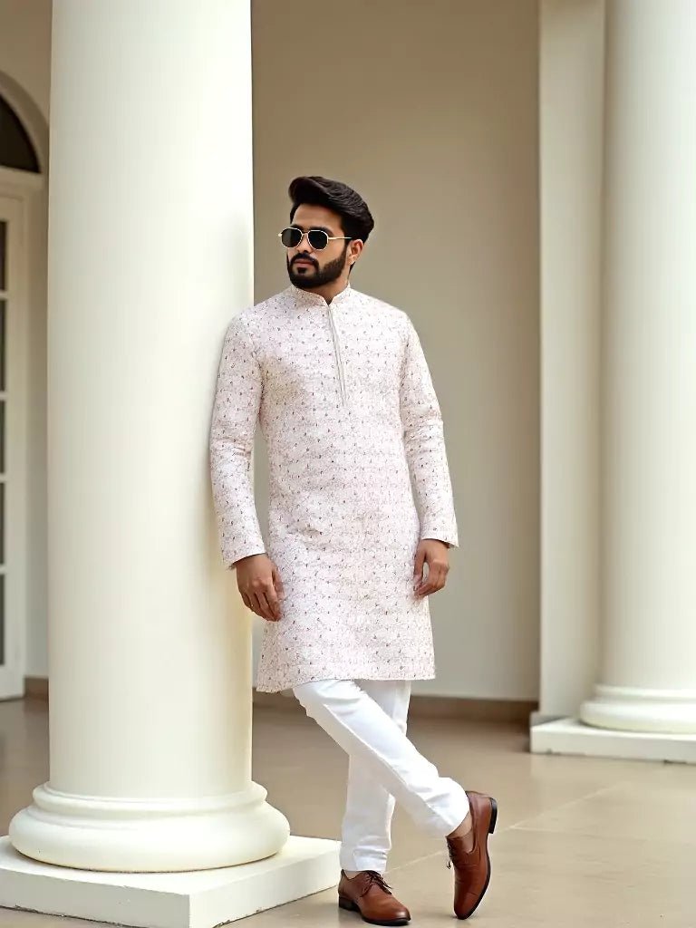 Image of Floral Thread Embroidered Georgette Kurta Set in Cream - South India Shopping Mall