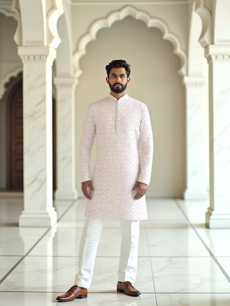 Image of Floral Thread Embroidered Georgette Kurta Set in Cream - South India Shopping Mall