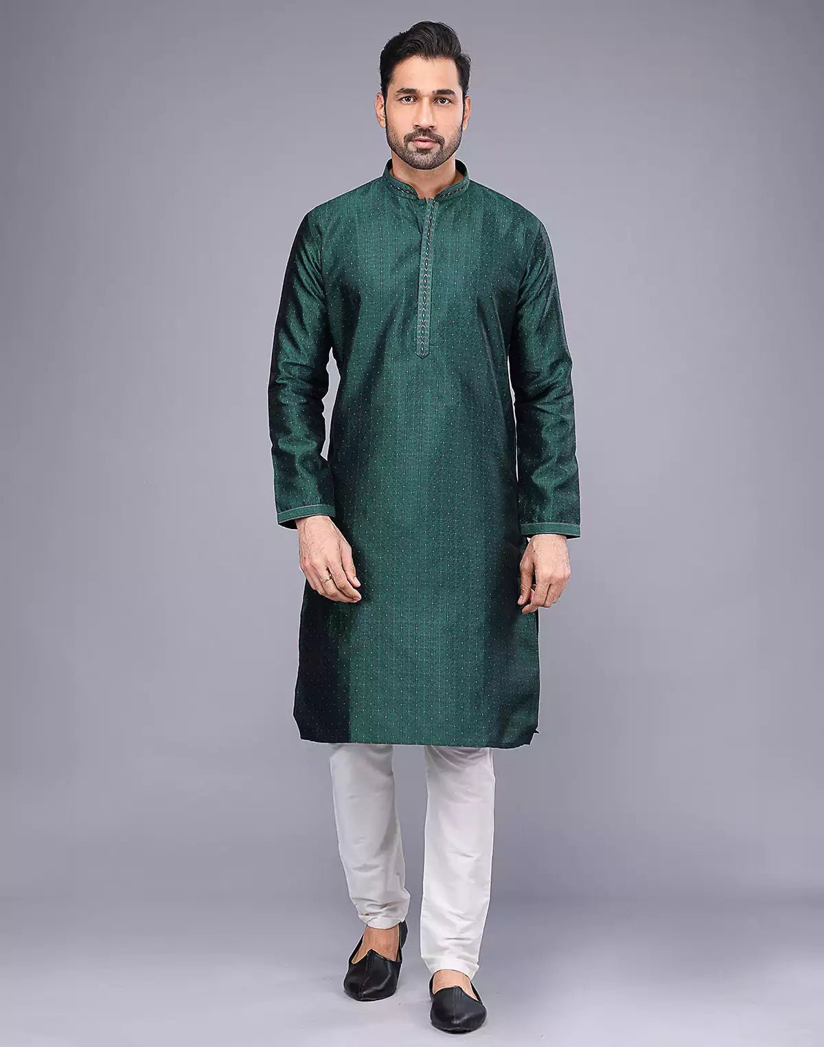 Image of Floral Thread Embroidery Work Soft Silk Kurta Set in Rama Green - South India Shopping Mall