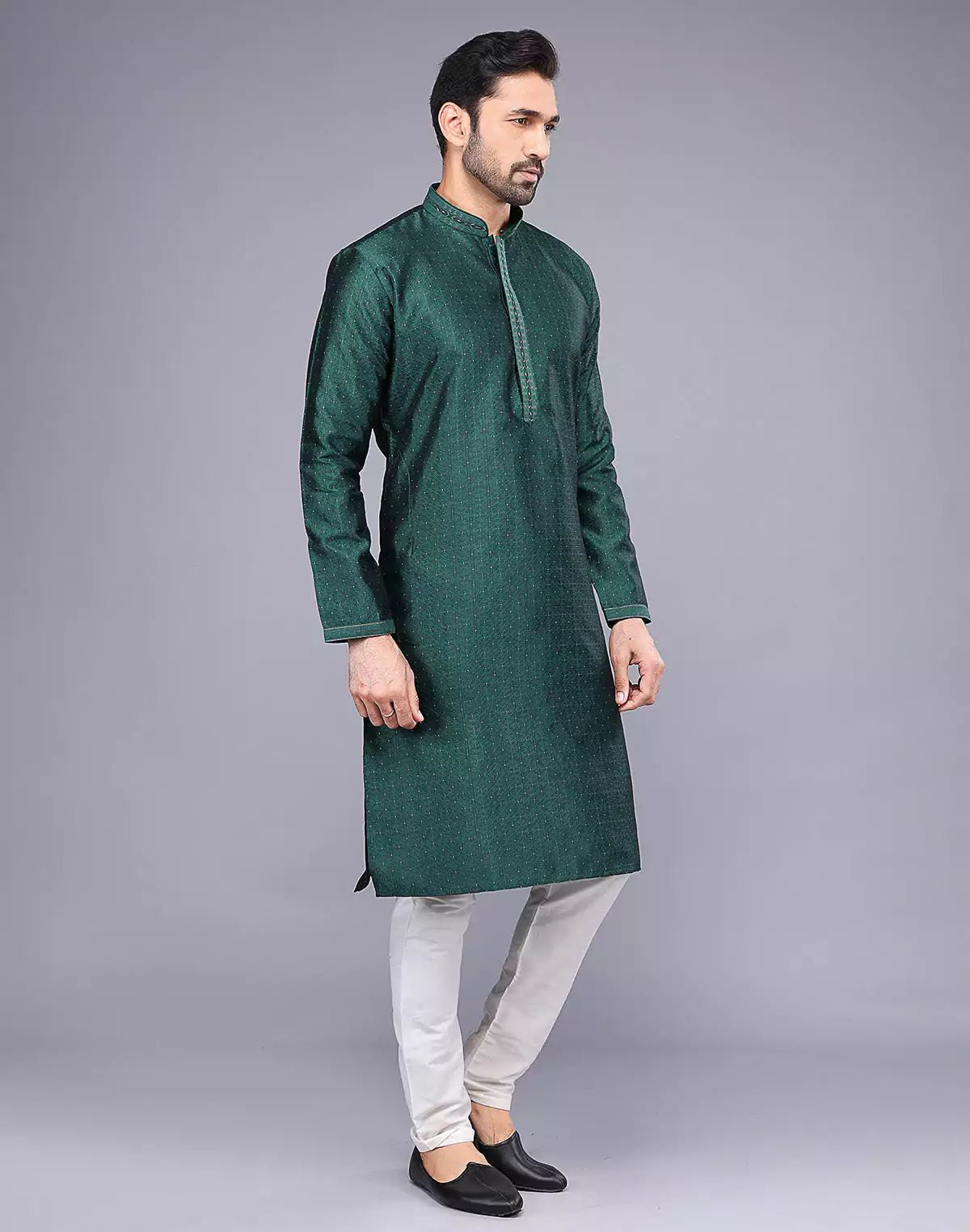 Image of Floral Thread Embroidery Work Soft Silk Kurta Set in Rama Green - South India Shopping Mall