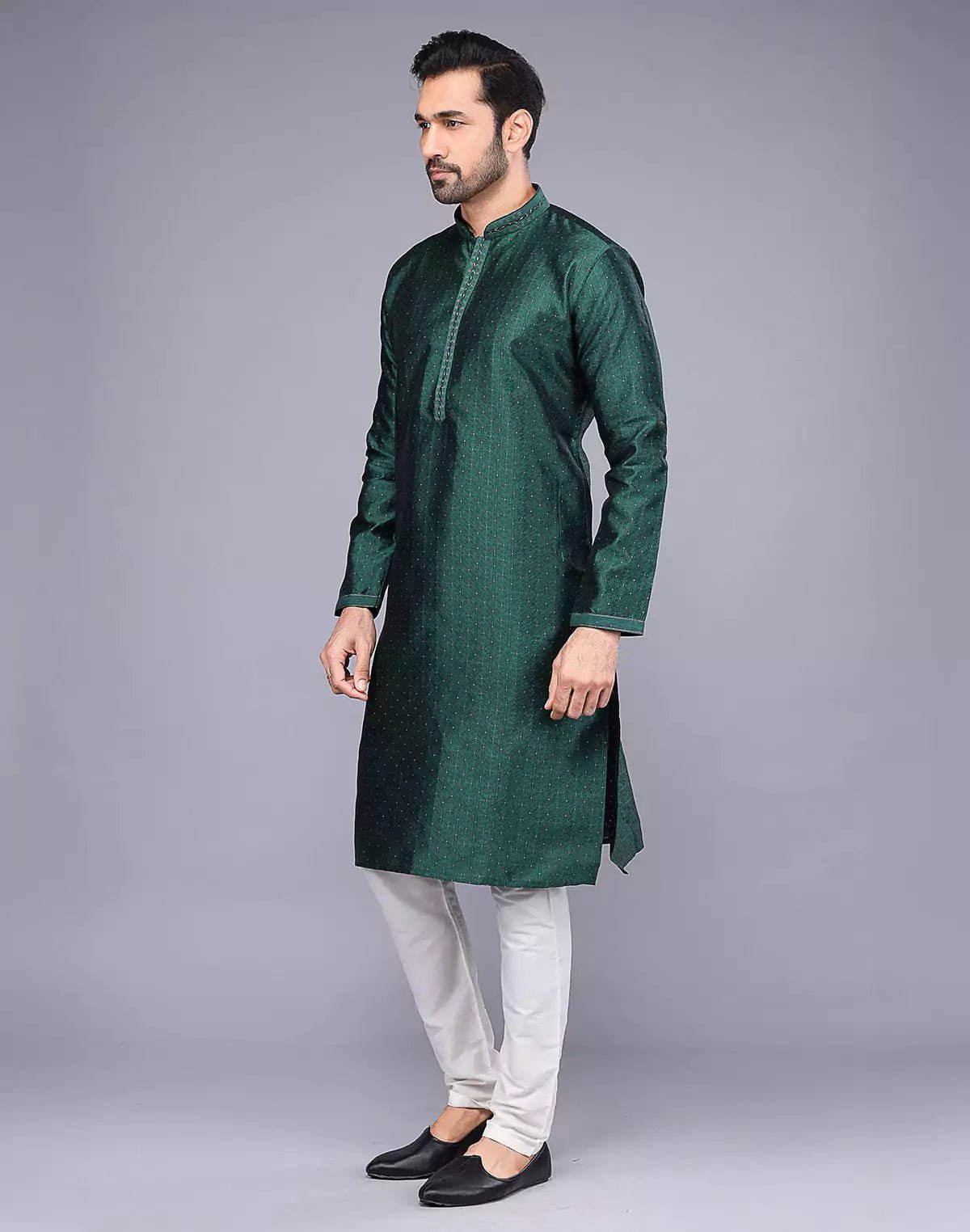 Image of Floral Thread Embroidery Work Soft Silk Kurta Set in Rama Green - South India Shopping Mall