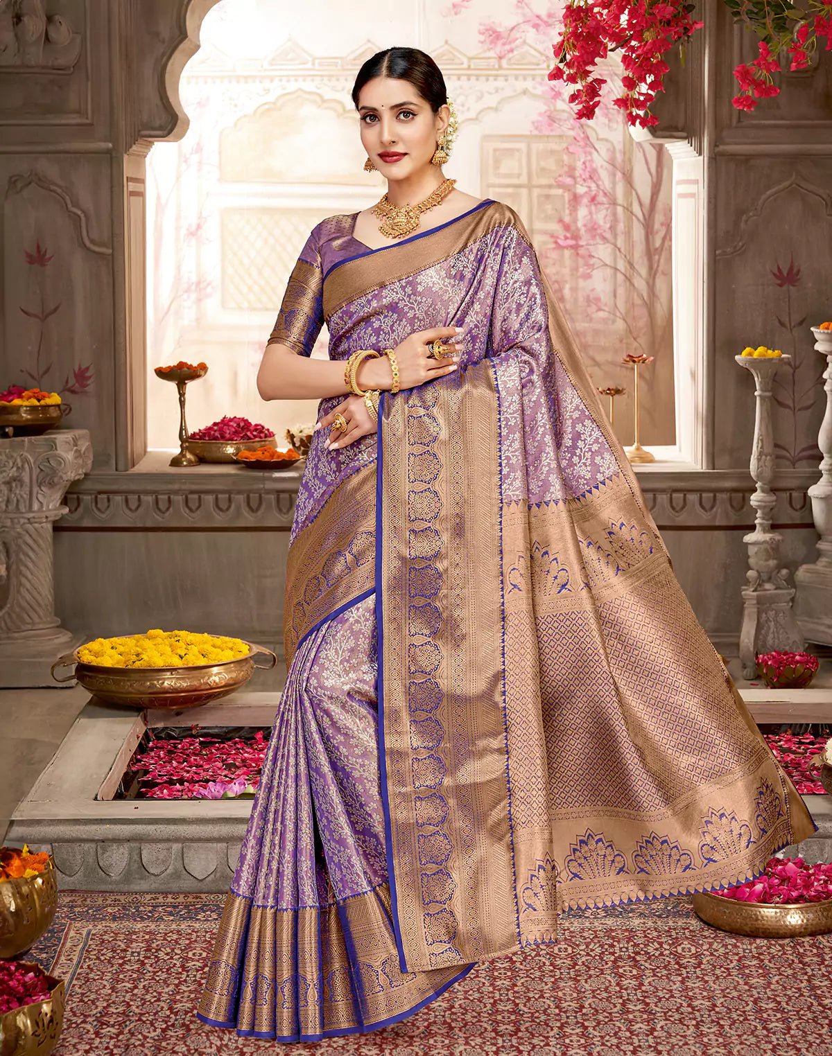 Floral Tissue Jaal Copper Zari Semi Silk Purple Saree - South India Shopping Mall