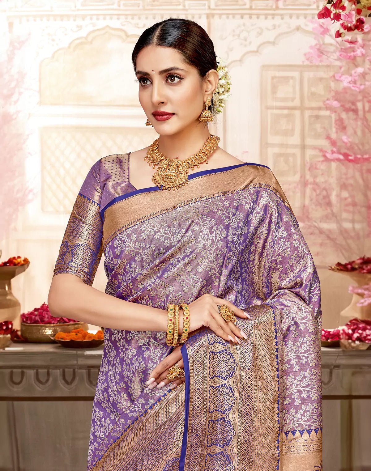 Image of Floral Tissue Jaal Copper Zari Semi Silk Purple Saree - South India Shopping Mall