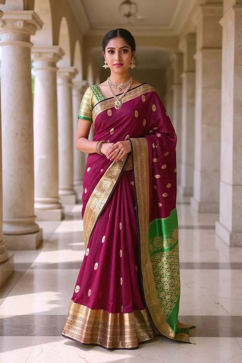 Image of Floral Zari Butta's Maroon Kanchi Soft Silk Saree - South India Shopping Mall