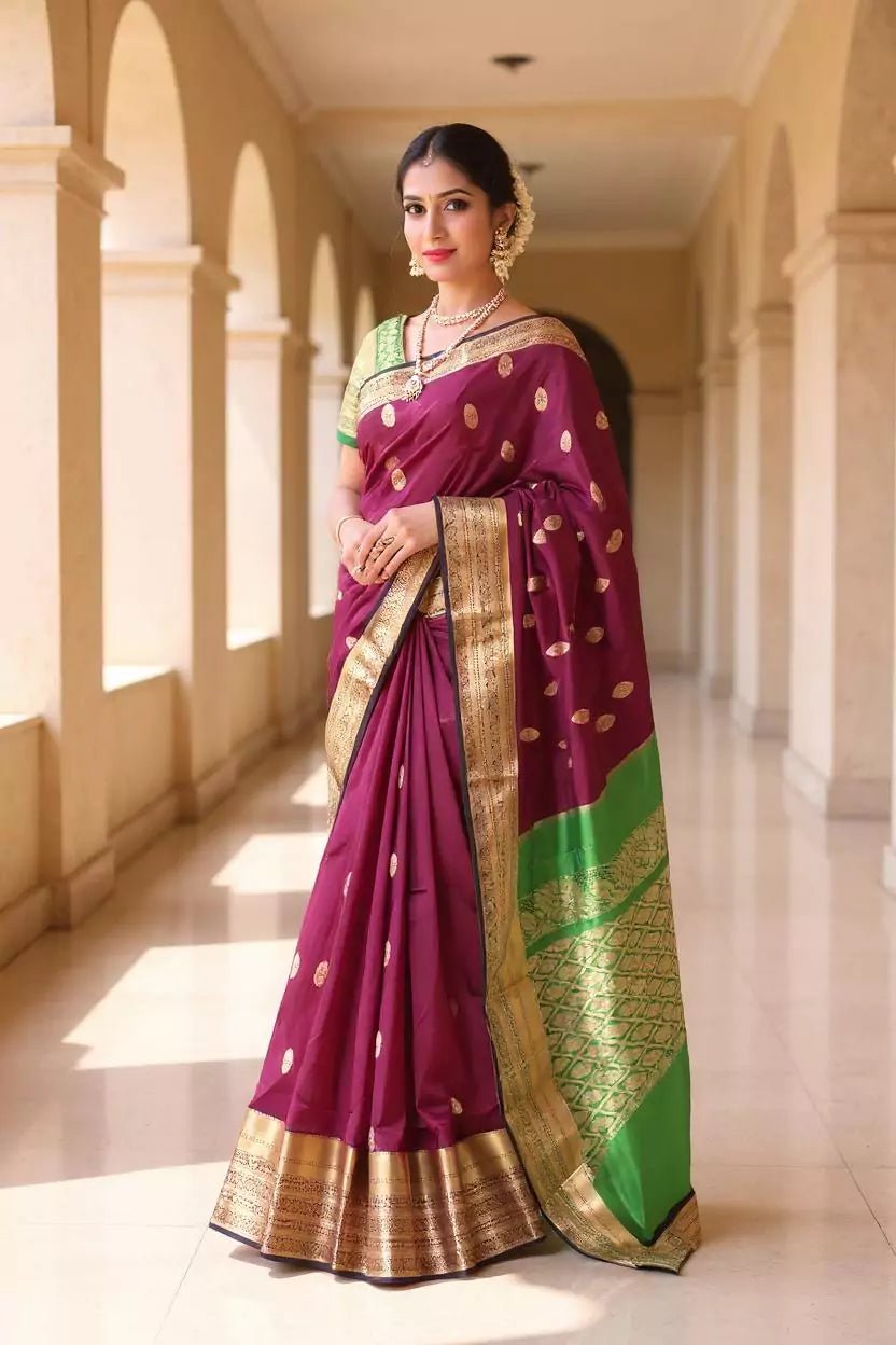 Image of Floral Zari Butta's Maroon Kanchi Soft Silk Saree - South India Shopping Mall