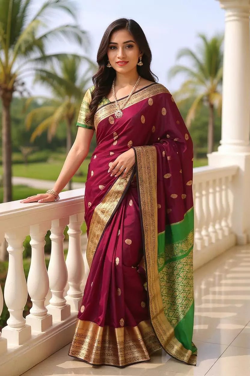 Image of Floral Zari Butta's Maroon Kanchi Soft Silk Saree - South India Shopping Mall