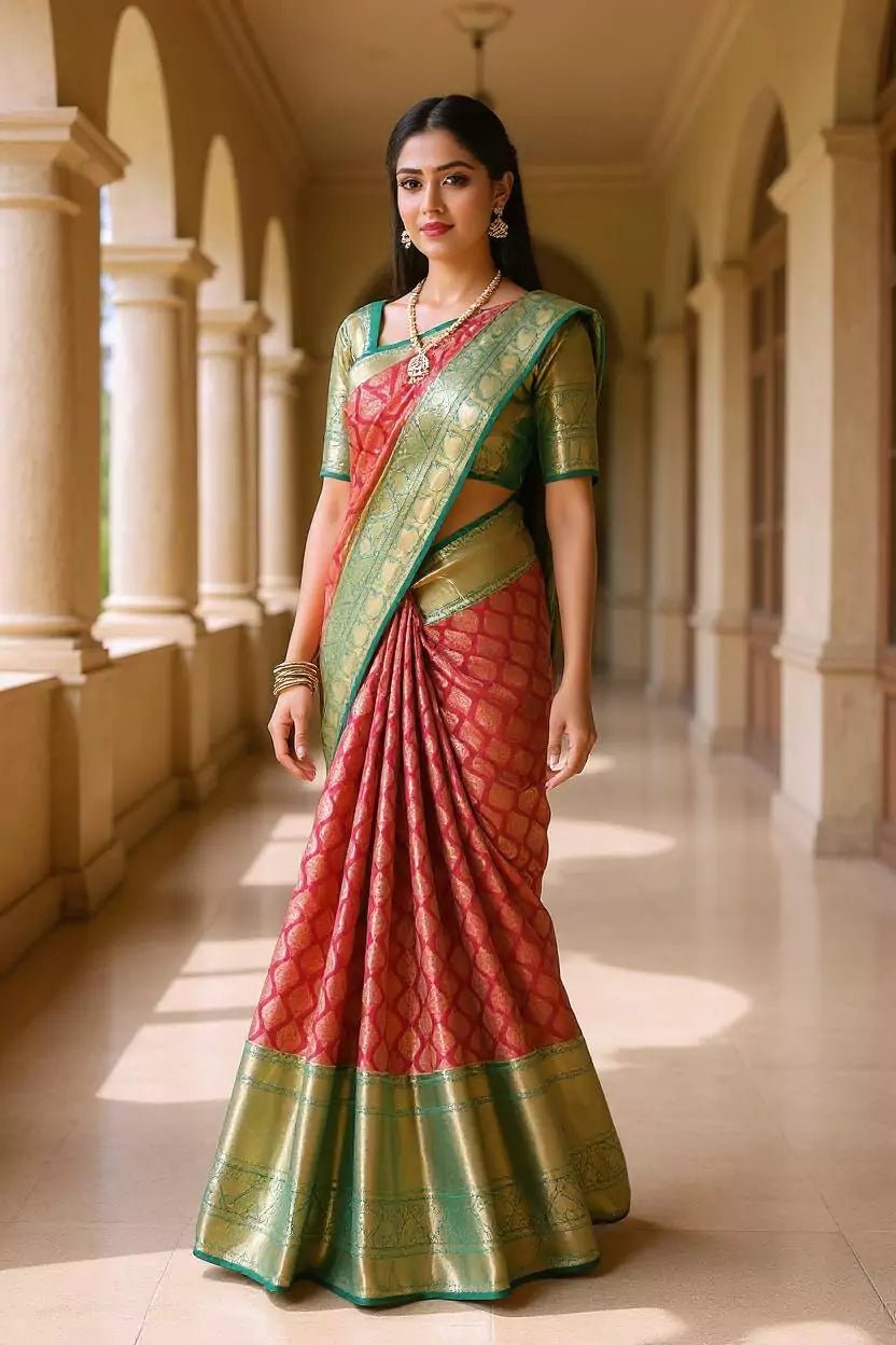 Image of Floral Zari Maroon Kanchi Pattu Silk Saree with Contrast Border - South India Shopping Mall