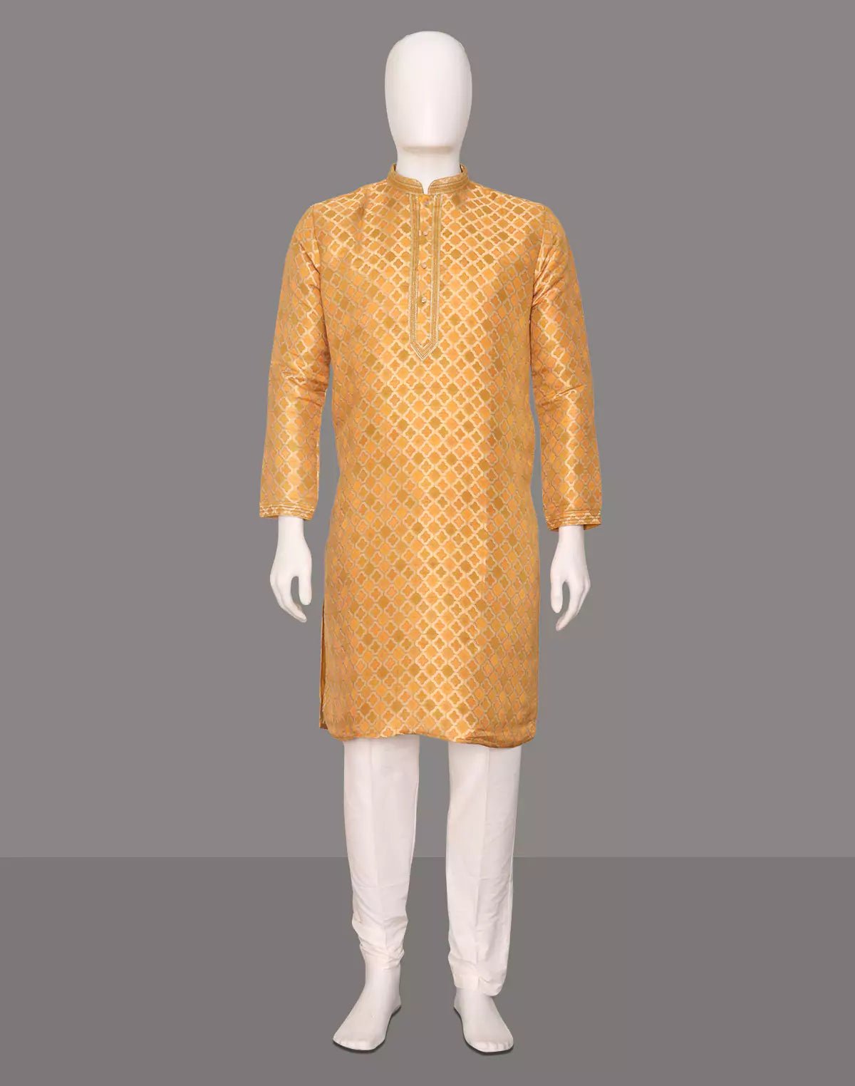 Image of Floral Zari Yellow Cotton Silk Elegance Kurta Pyjama - South India Shopping Mall