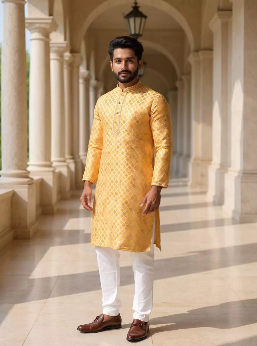 Image of Floral Zari Yellow Cotton Silk Elegance Kurta Pyjama - South India Shopping Mall