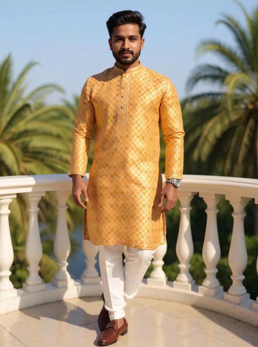 Image of Floral Zari Yellow Cotton Silk Elegance Kurta Pyjama - South India Shopping Mall