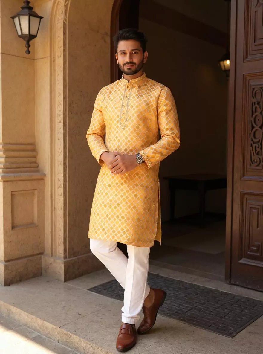Image of Floral Zari Yellow Cotton Silk Elegance Kurta Pyjama - South India Shopping Mall