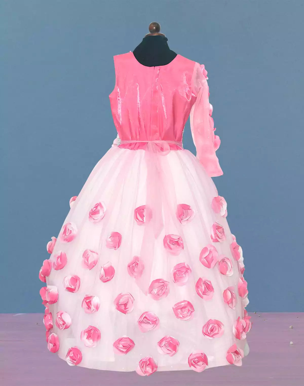 Image of Light Baby Pink Mirror with Embossed work Netted Frock