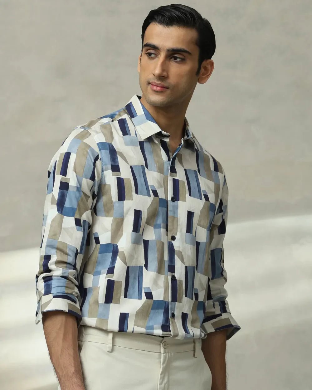 Image of Full Sleeve Beige Graphic Print Cotton Shirt - South India Shopping Mall