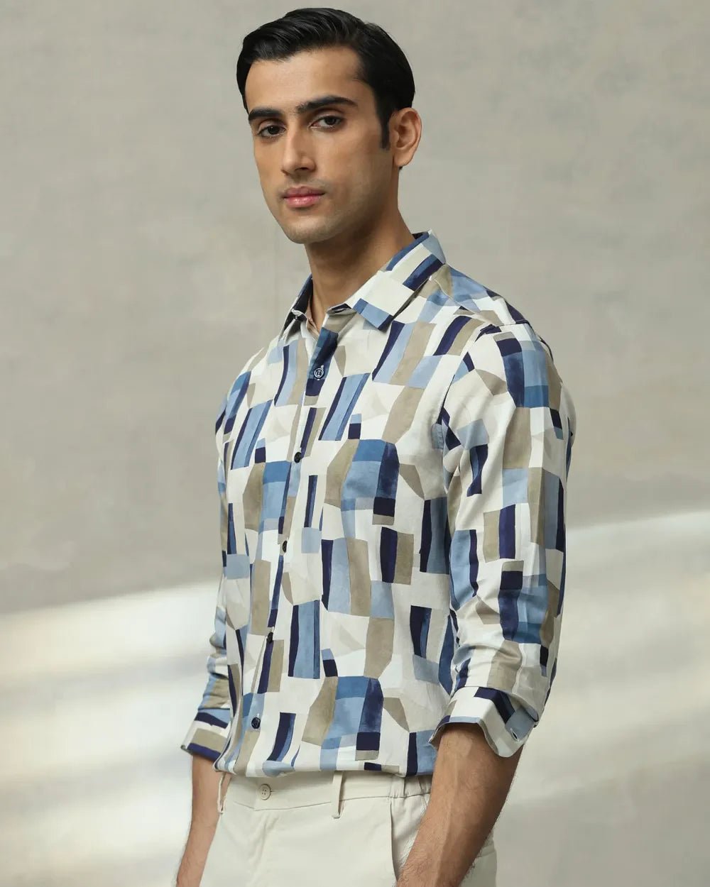 Image of Full Sleeve Beige Graphic Print Cotton Shirt - South India Shopping Mall