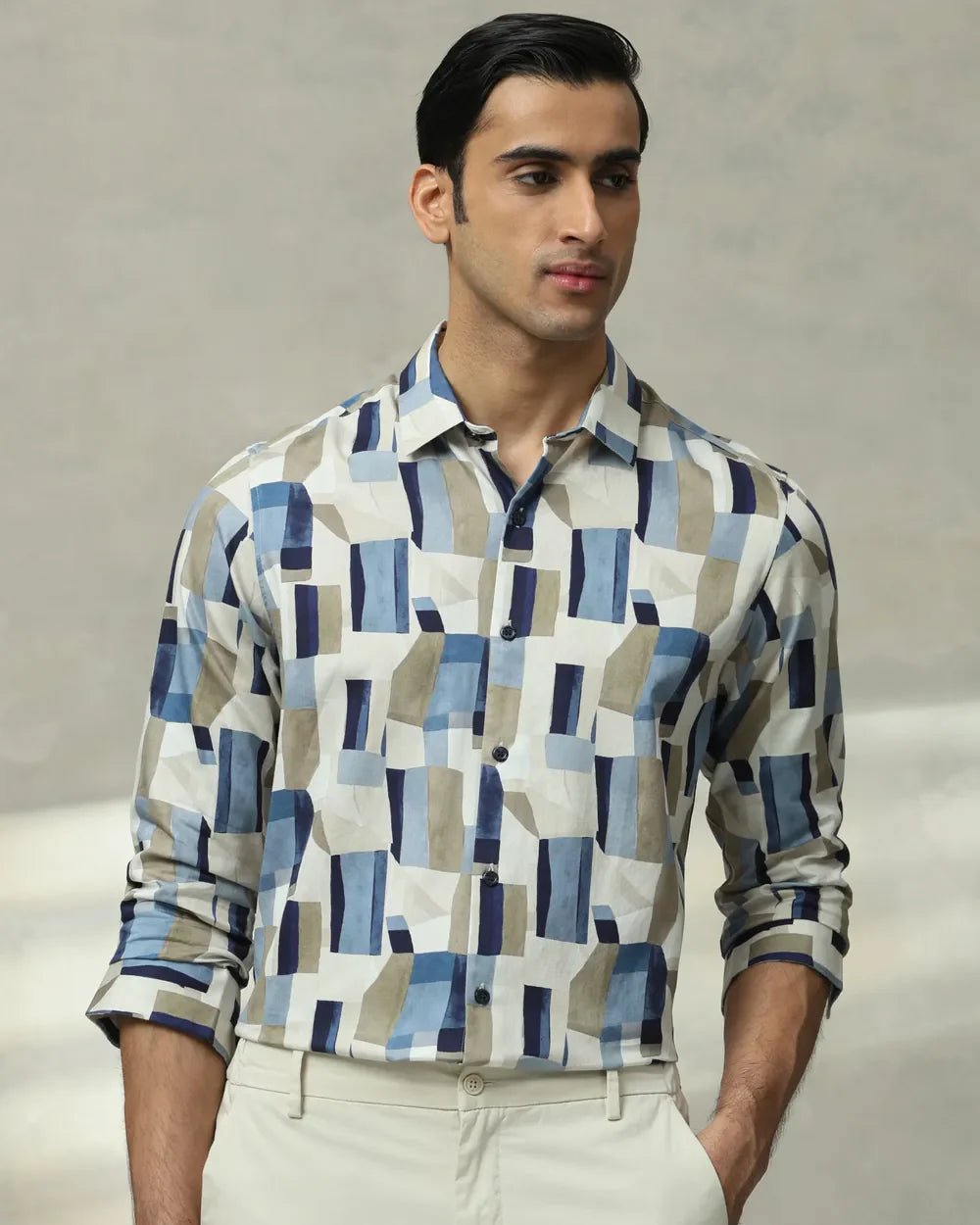 Image of Full Sleeve Beige Graphic Print Cotton Shirt - South India Shopping Mall
