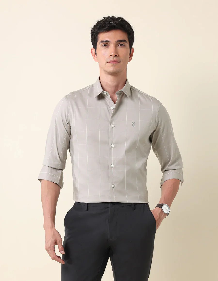 Image of Full Sleeve Light Grey Tailored Fit Cotton Shirt - South India Shopping Mall