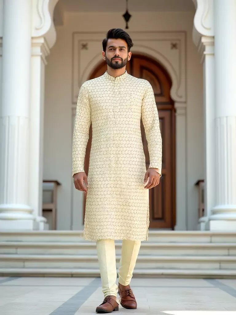 Image of Geometric Print Cotton Kurta Pajamas in Lemon - South India Shopping Mall