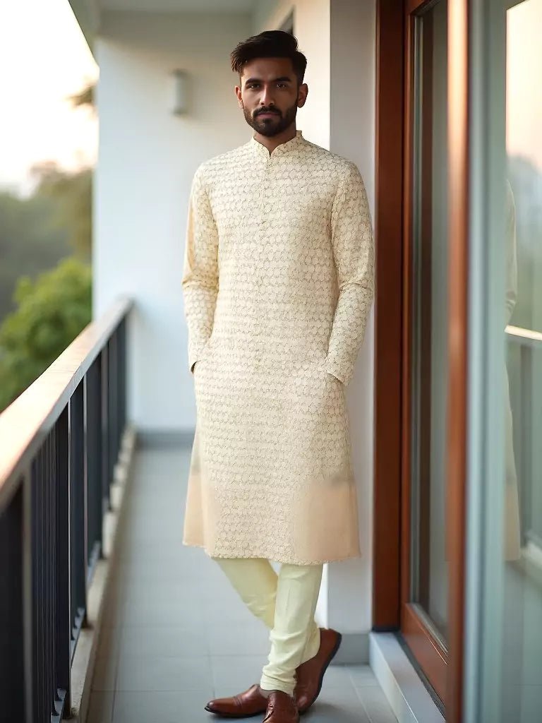 Image of Geometric Print Cotton Kurta Pajamas in Lemon - South India Shopping Mall