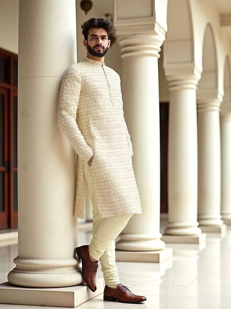 Image of Geometric Print Cotton Kurta Pajamas in Lemon - South India Shopping Mall