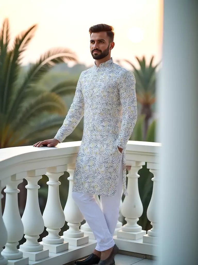 Image of Glimmering White Floral Printed Cotton Kurta - South India Shopping Mall