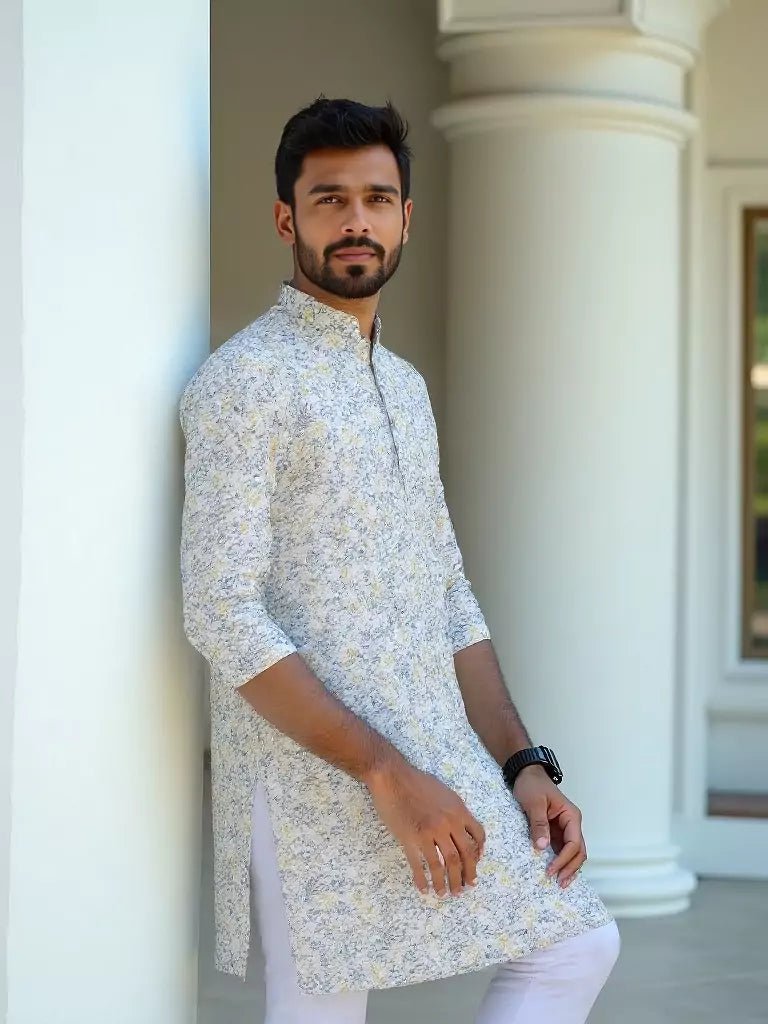 Image of Glimmering White Floral Printed Cotton Kurta - South India Shopping Mall
