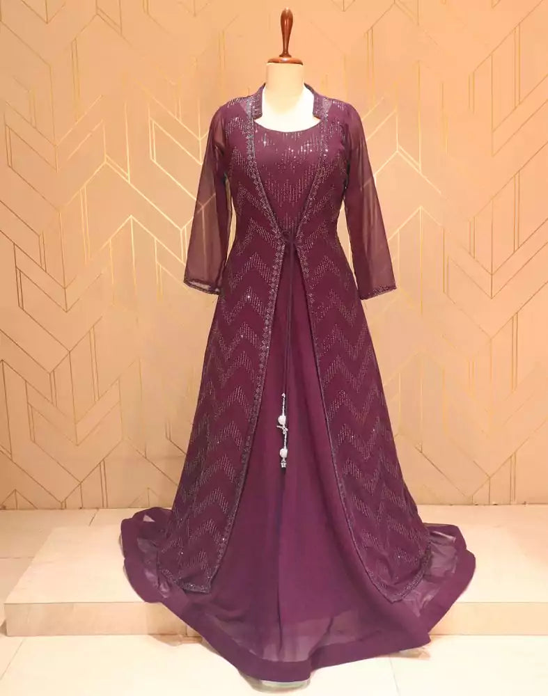 Image of Wine Coloured Stones work Georgette Dress Gown with a beautiful Coat