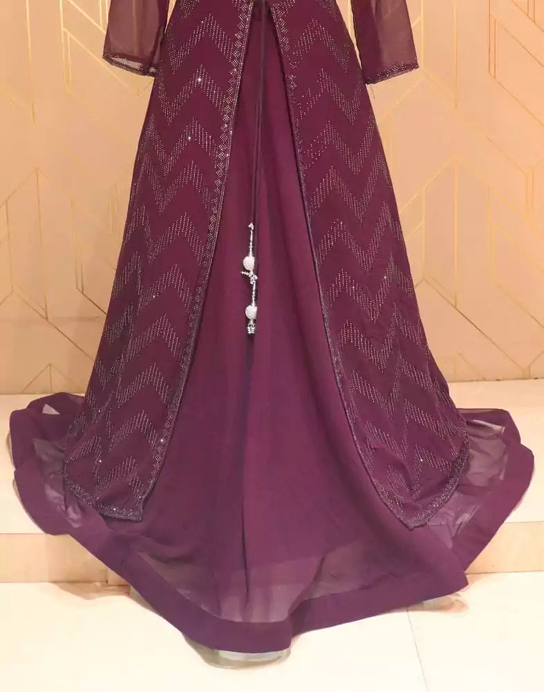 Image of Wine Coloured Stones work Georgette Dress Gown with a beautiful Coat