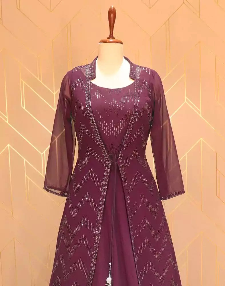 Image of Wine Coloured Stones work Georgette Dress Gown with a beautiful Coat