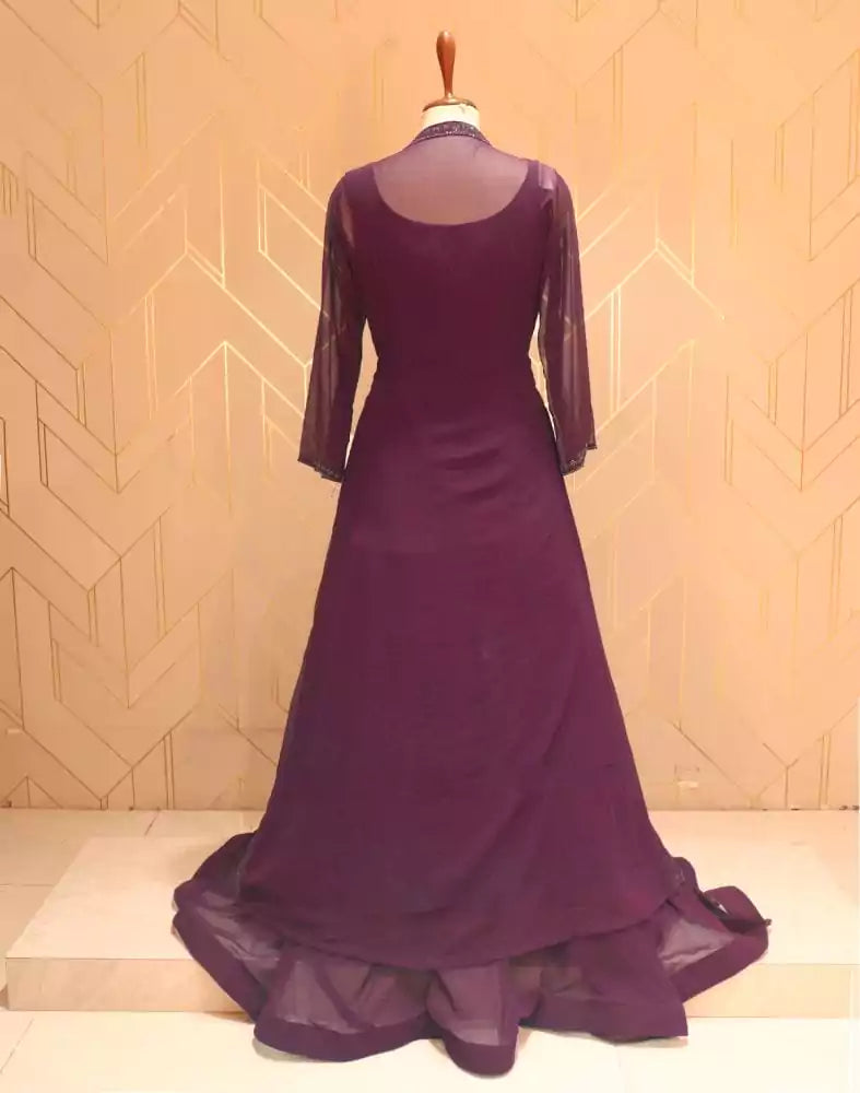 Image of Wine Coloured Stones work Georgette Dress Gown with a beautiful Coat