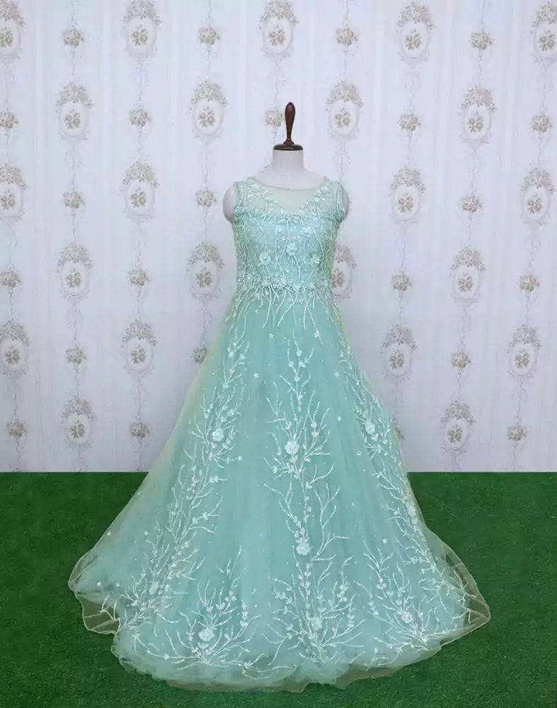 Image of Light Green designer netted Embellished Gown with mask