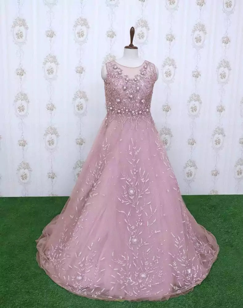 Image of Light Pink designer netted Embellished Gown with mask