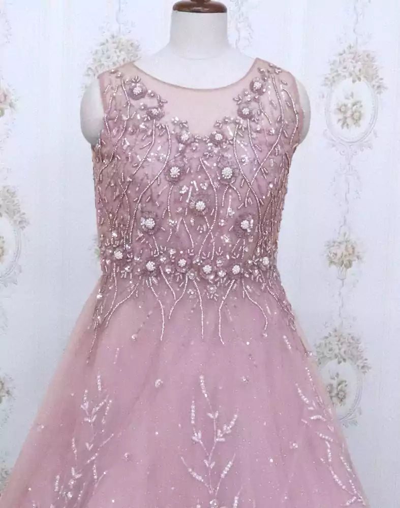 Image of Light Pink designer netted Embellished Gown with mask