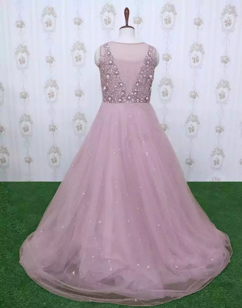 Image of Light Pink designer netted Embellished Gown with mask