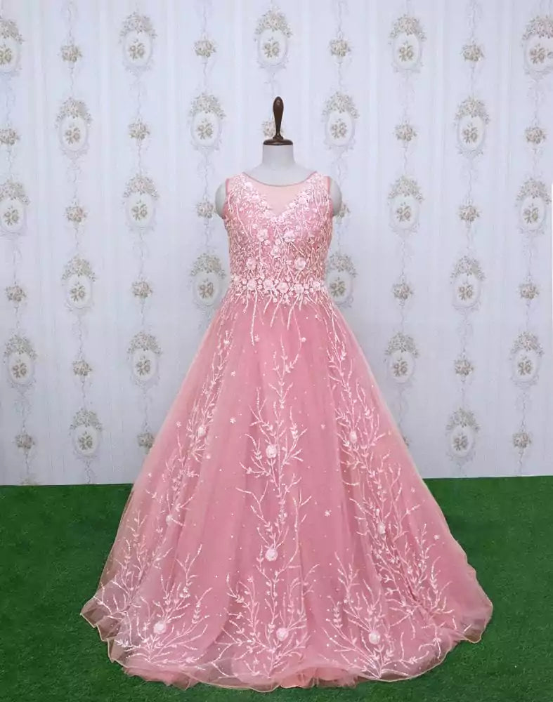 Image of Pink designer netted Embellished Gown with mask