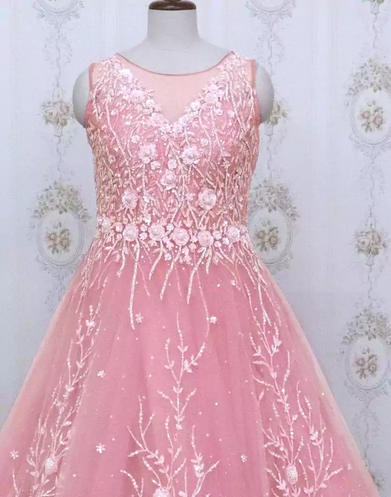 Image of Pink designer netted Embellished Gown with mask