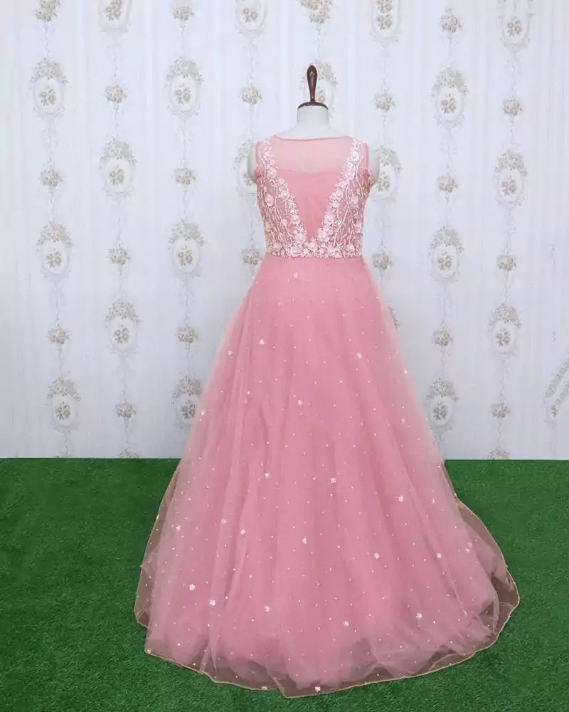 Image of Pink designer netted Embellished Gown with mask
