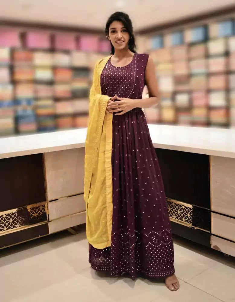 Image of Wine Plain Georgette Mirror work Gown