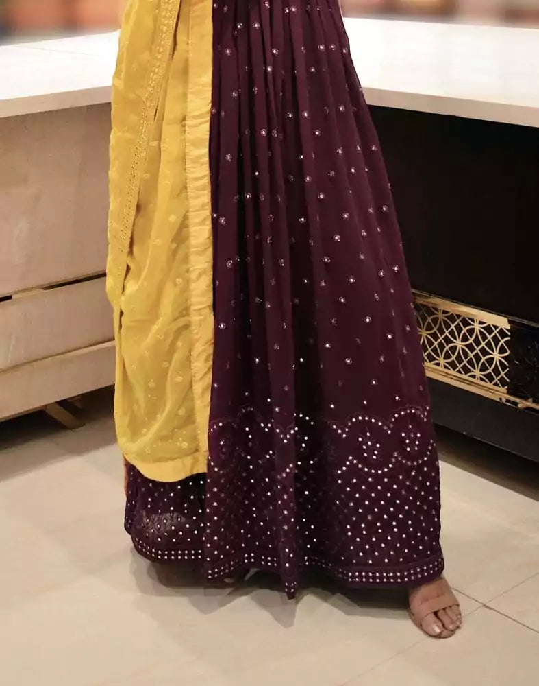 Image of Wine Plain Georgette Mirror work Gown