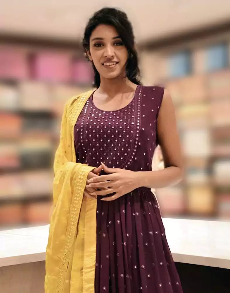 Image of Wine Plain Georgette Mirror work Gown