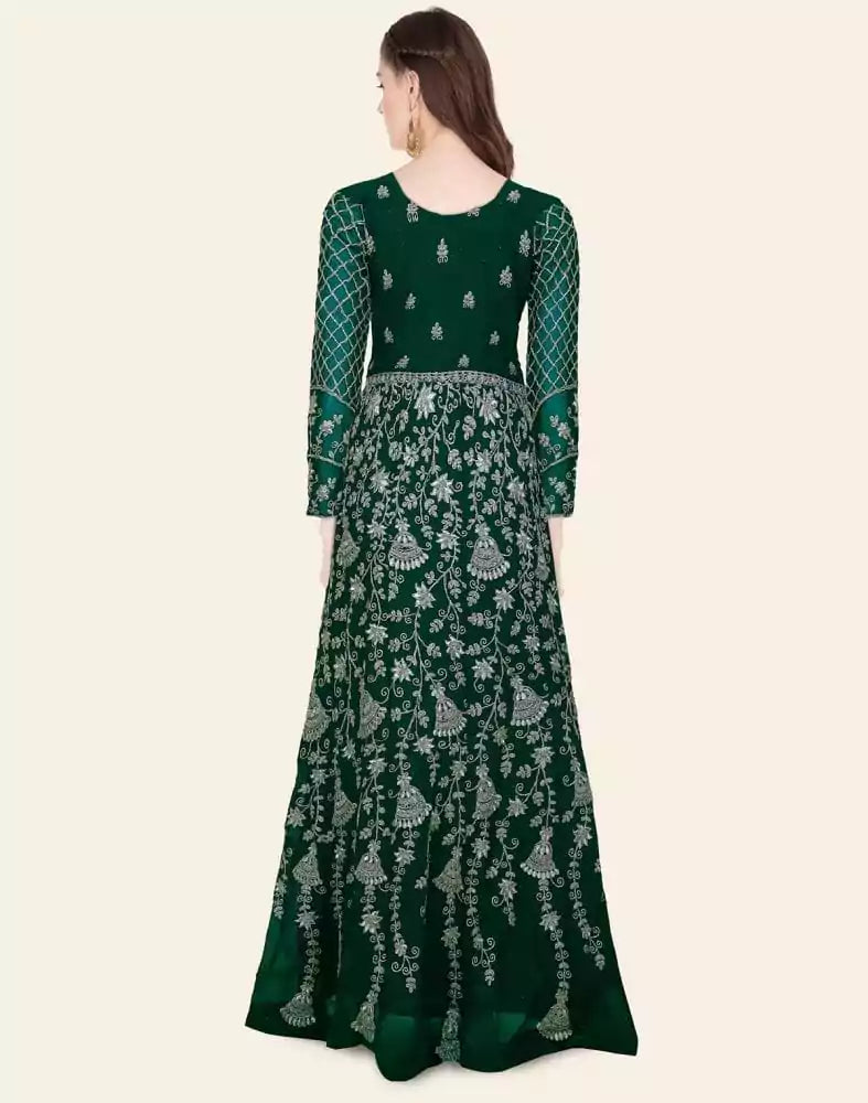 Image of Green Floral Georgette Embroidery Gown