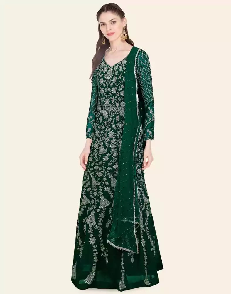 Image of Green Floral Georgette Embroidery Gown