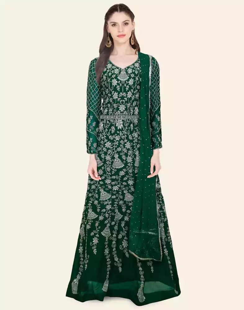 Image of Green Floral Georgette Embroidery Gown