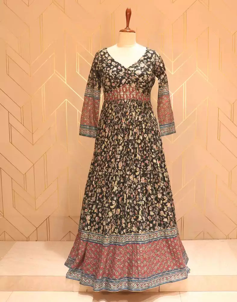 Image of Elegant Black Floral print Embellished work Chiffon Dress Gown