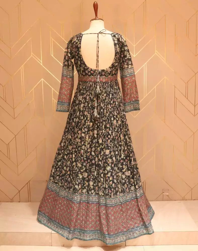 Image of Elegant Black Floral print Embellished work Chiffon Dress Gown
