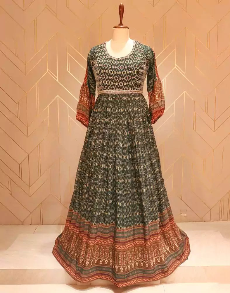 Image of Green Ikat pattern print Stones work Chiffon Dress Gown