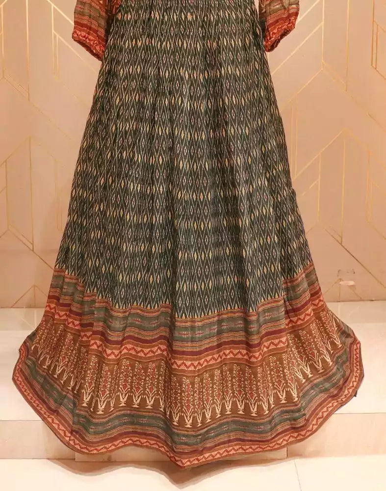 Image of Green Ikat pattern print Stones work Chiffon Dress Gown